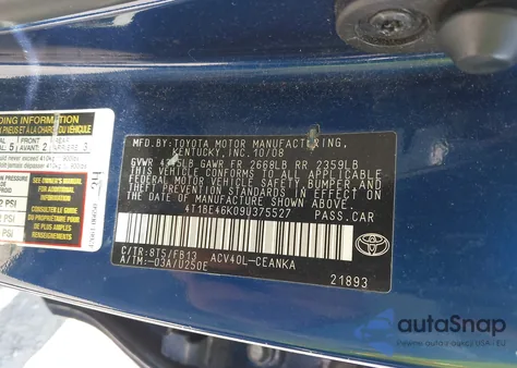 2009 Toyota Camry Le z USA, uszkodzony, nr VIN 4T1BE46K09U375527